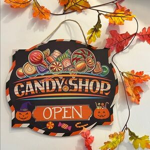 Halloween Candy Shop Sign with OPEN & CLOSED options NEW Orange Black glittery